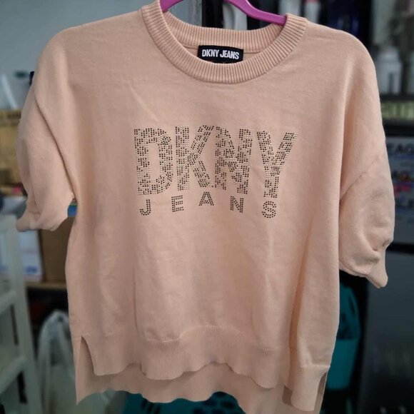 DKNY Short Sleeve Beaded Logo Sweater Top, SIZE MEDIUM, Pink - Picture 3 of 11